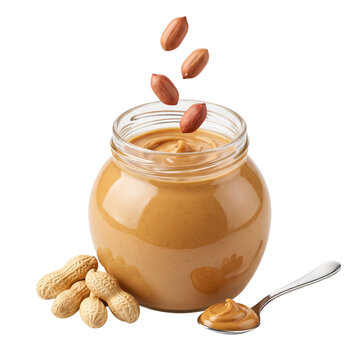 Peanut Butter Jar with Peanuts Falling and Spoon