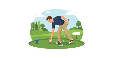 Golfer placing ball on tee on green grass course.