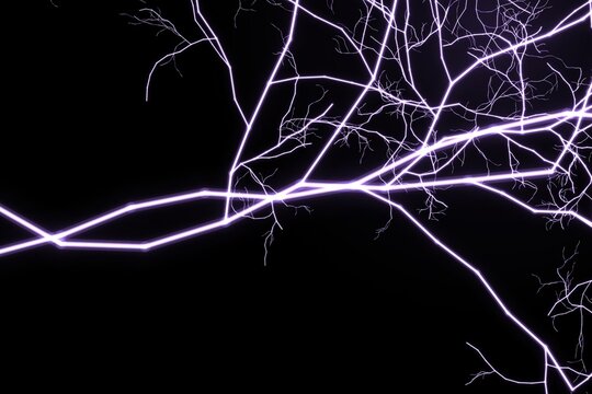 A stunning high voltage electrical discharge simulation featuring bright glowing purple lightning branches arcing across a deep dark black background