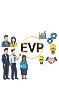 Business team celebrating EVP success with icons and charts.
