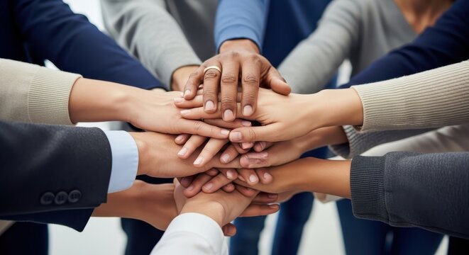 Business team unity hand stack celebration success.