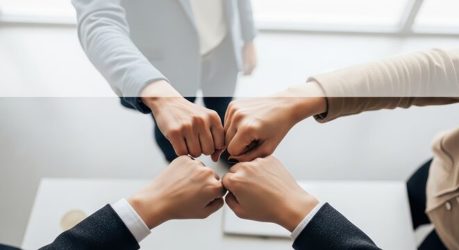 Business team unity handshake over office table.