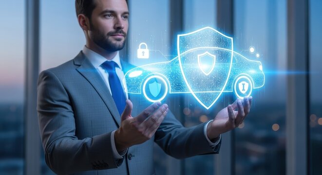 Businessman interacting with holographic car security interface.