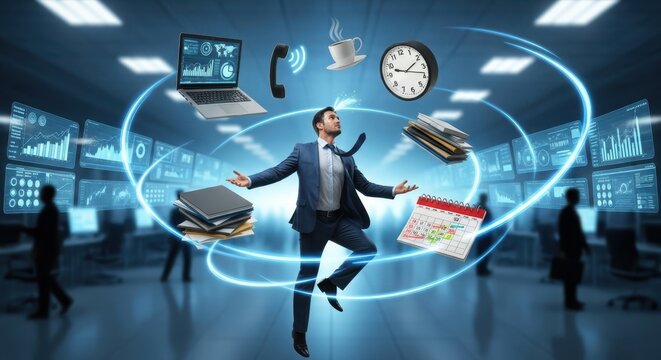 Businessman juggling time and technology in modern office.