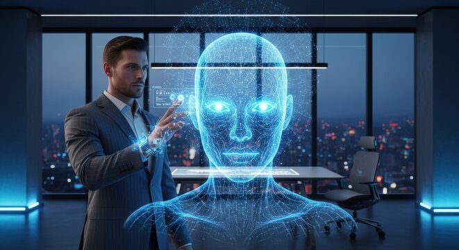 Businessman interacting with holographic human interface at night.