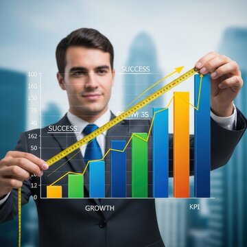 Businessman measuring success growth chart with tape measure.