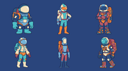 Set of six colorful stylized astronauts in diverse space exploration suits © Duel