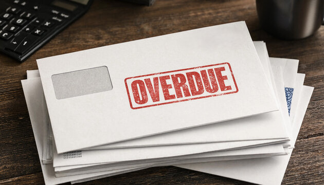 A stack of white business envelopes marked with a red overdue stamp notice.