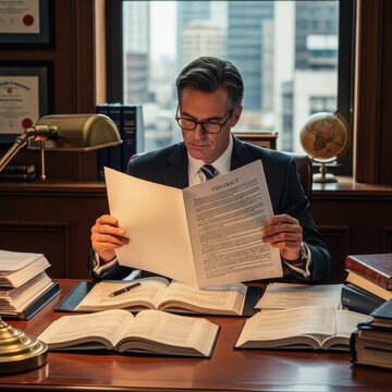 Businessman reviewing legal documents in a law office.