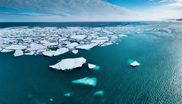 aerial view of cracked ice floes on turquoise water surface