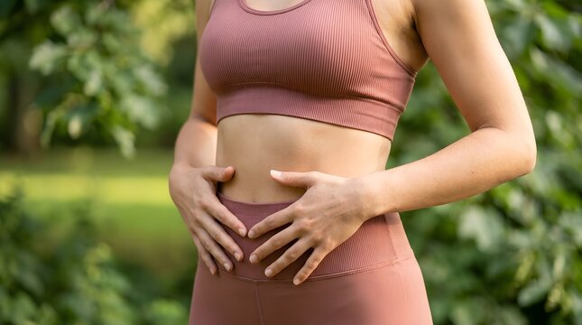 Fit woman wearing dusty pink sports attire gently touches her toned abdomen while standing outdoors in a lush green park