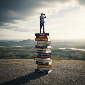 Businessman standing on stack of books with telescope in landscape.