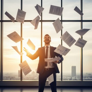 Businessman throwing papers in modern office at sunset.