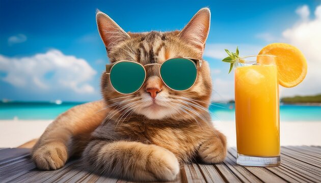 funny cat with sunglasses on tropical bech drinking fresh juice cool cat concept