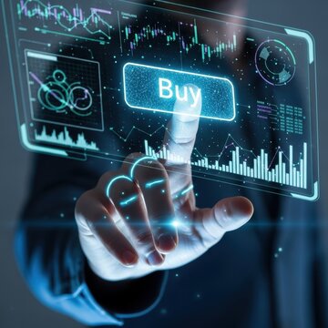 Businessman touching buy button on digital interface.