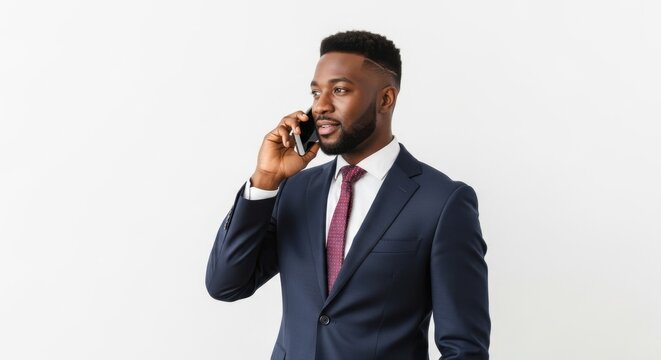 Businessman in suit talking on smartphone.