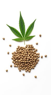 Cannabis leaf and hemp seeds on white background.