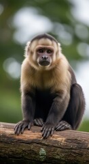 Naklejka premium Capuchin monkey perched on a tree branch in nature.