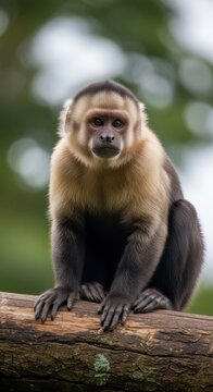 Capuchin monkey perched on a tree branch in nature.