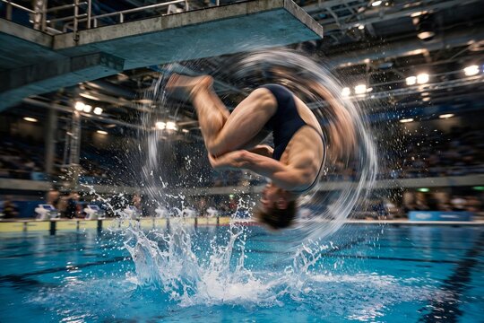 Female Caucasian athlete performing a fast backflip dive from a springboard into an indoor swimming pool with dynamic water splashes and motion blur during a professional aquatic competition