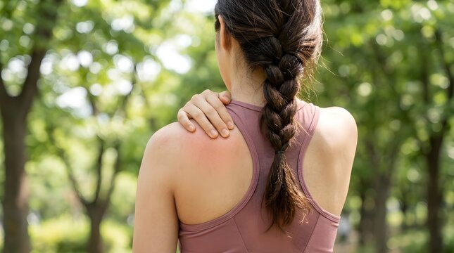 Woman touching her aching shoulder experiencing intense muscle pain while wearing athletic workout clothes during outdoor fitness exercise in park