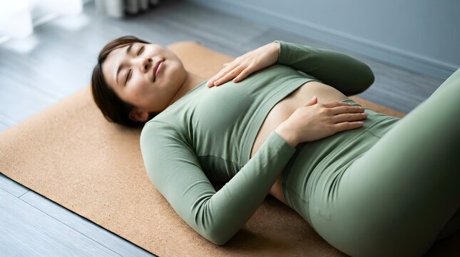 Peaceful young woman in green activewear lying on cork yoga mat practicing deep relaxation breathing during a calm morning session