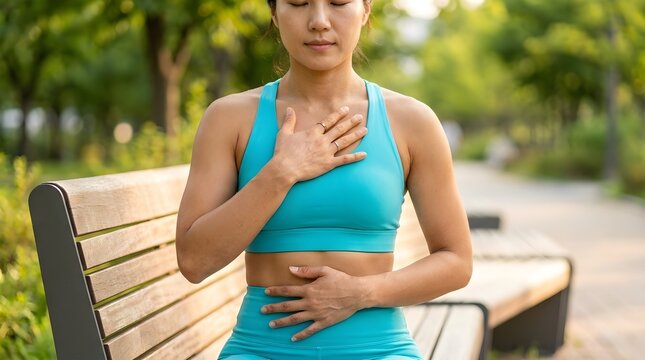 Young athletic woman wearing turquoise sportswear practices mindful deep breathing exercises while sitting on a wooden bench outdoors at sunset