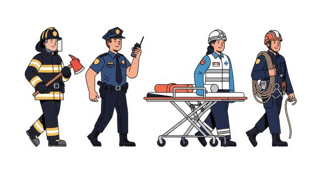 Cartoon Emergency Responders in Uniforms with Equipment.