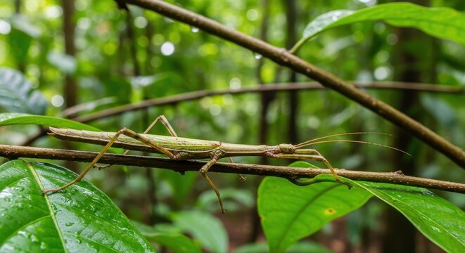 Camouflaged Stick Insect Resting on Forest Branch.