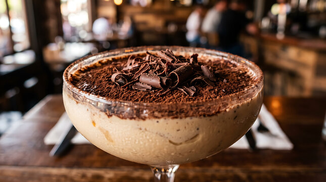 Delicious Tiramisu in a Cocktail Glass: A close-up of a delectable tiramisu dessert served in a martini glass, dusted with cocoa powder and chocolate shavings, ready to be savored.
