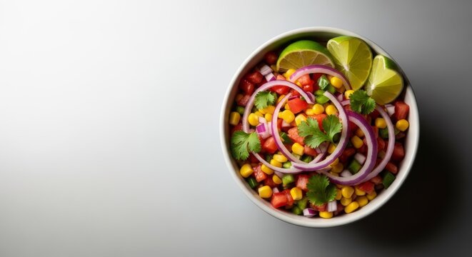 Freshly prepared pico de gallo salsa featuring diced red tomatoes, bright yellow corn, purple onions, green cilantro, and zesty lime in a bowl, citrus, traditional, savory