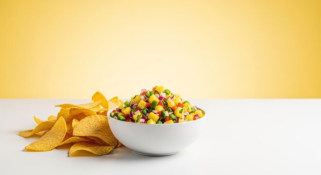 A vibrant bowl of fresh pineapple salsa filled with diced fruit, red onions, and cilantro served alongside a pile of golden corn chips, cilantro, rustic, corn