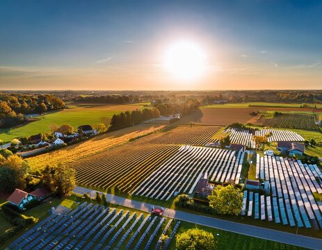 inspiring aerial photography of a rural agricultural community perfectly harmonized with advanced clean solar technology showcasing decentralized renewable energy