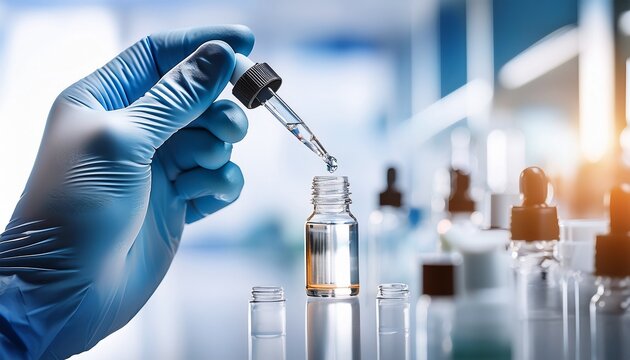 medical drop bottle glass container with pipette held in hand modern laboratory medicine product testing