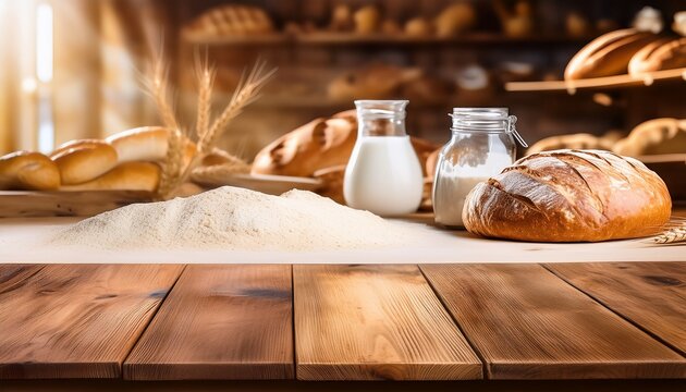 wooden bakery table empty board for presenting flour products
