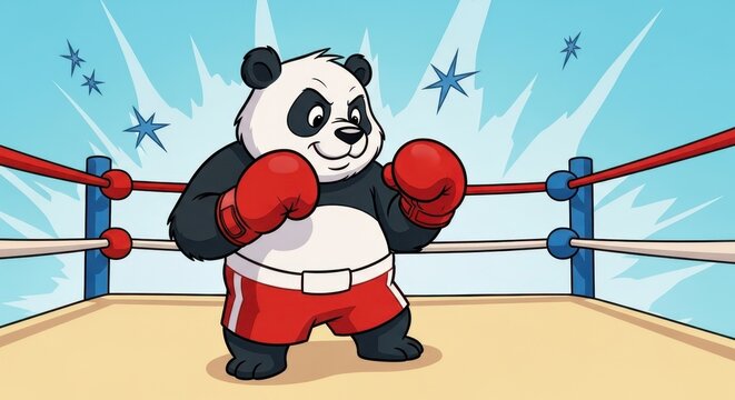 Cartoon Panda Bear Boxing in the Ring.