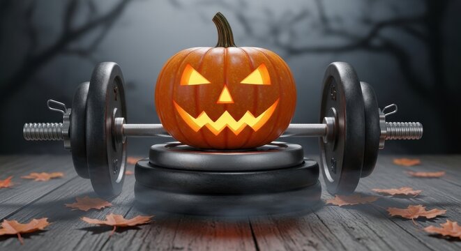 Carved Jack O Lantern with Dumbbells on Wooden Floor.