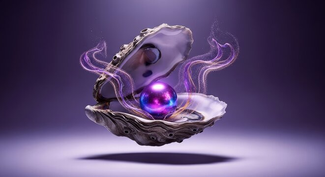 An open rough oyster shell floats in mid-air, holding a radiant purple cosmic pearl as liquid stardust swirls around in a minimalist studio, celestial, luxury, purple