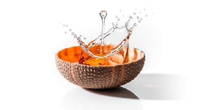 Avant-garde sea urchin shell reveals a glowing orange center as clear sake liquid erupts in a crown splash against a white studio backdrop, texture, still life, spikes