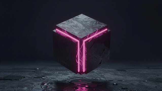 Neon-pink energy crackles around a metallic cube floating above wet, reflective ground.