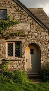 Charming Stone Cottage with Wooden Door and Ivy.
