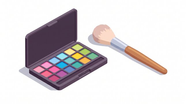 Isometric illustration of an open eyeshadow palette with a makeup brush