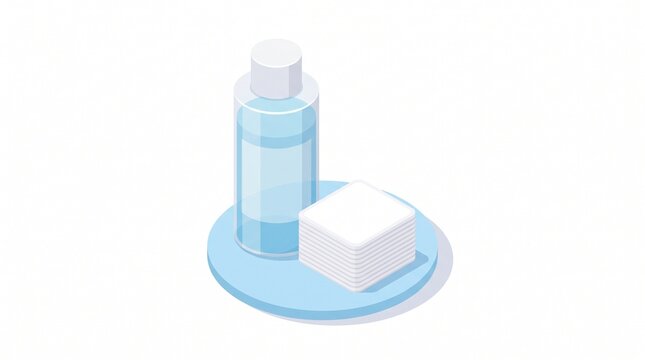 Isometric illustration of a micellar water bottle next to cotton pads