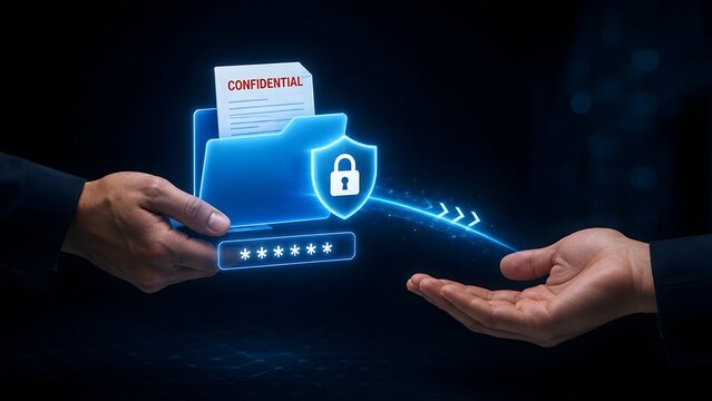 Two business hands exchanging a glowing holographic secure confidential document folder with password and shield encryption in a dark digital space.