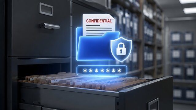 Glowing digital confidential file folder hologram with security padlock emerging from an open drawer of a physical metal filing cabinet in a dark archive room.