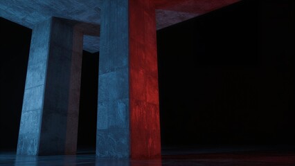 Fototapeta premium Concrete pillars bathed in blue and red light, stark contrast against dark void.