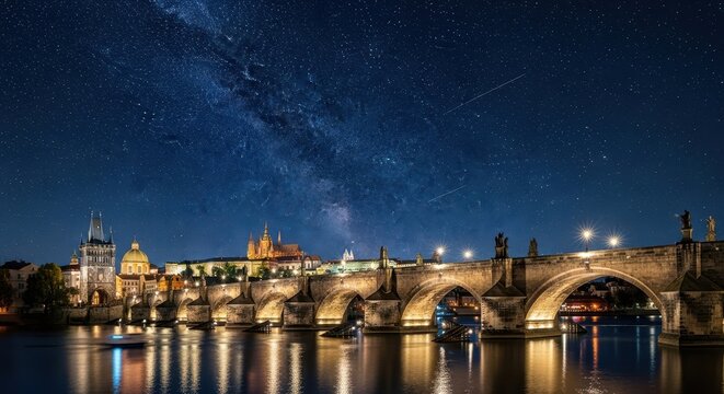 Charles Bridge Prague Night Sky Reflection.