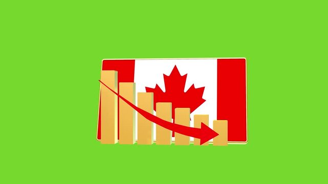 Canada economic bar chart graph showing decreasing downturn with national Flag 3D animation on black background.