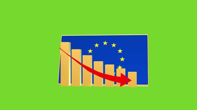 European Union economic bar chart graph showing decreasing downturn with national Flag 3D animation on black background.
