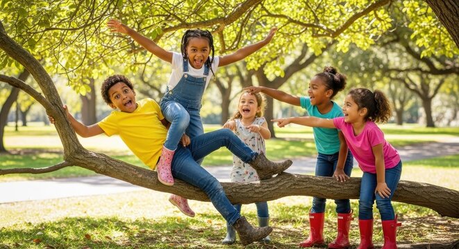 Children playing together on a fallen tree in a park.